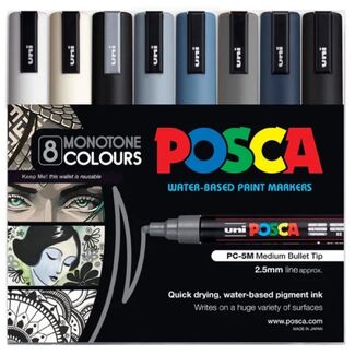 Uni Ball Posca Paint Pens 2.5mm PC5M 8 Pack - Monotone Colours